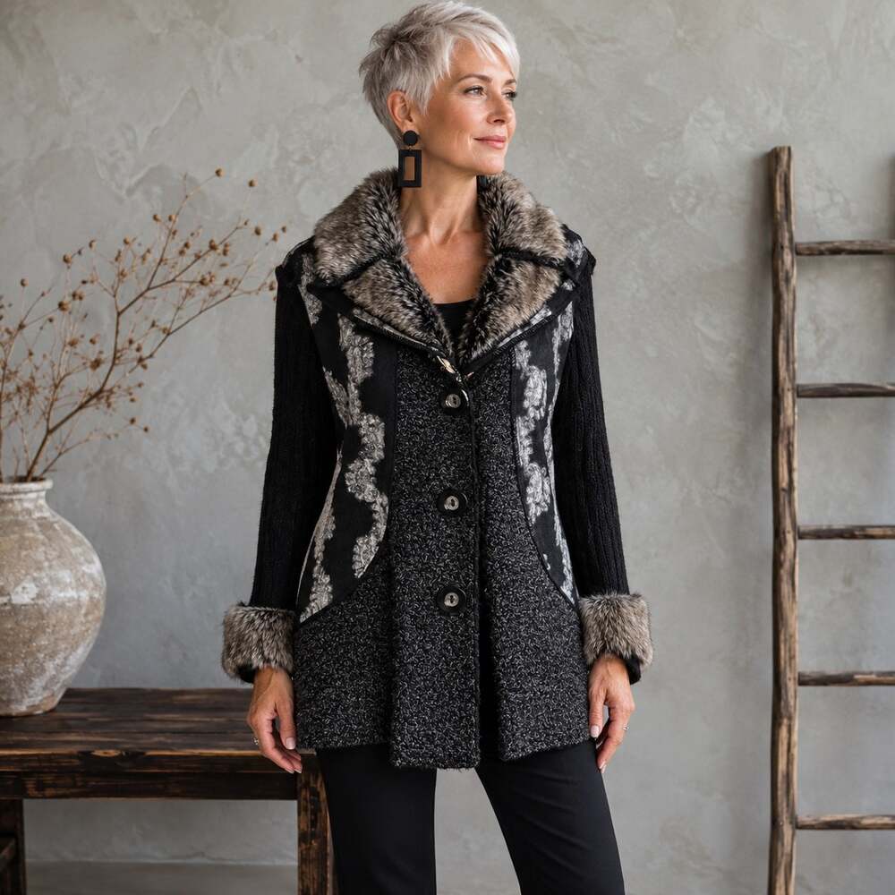 Sioni  Black Brown Wool Blend Fur Collar Cardigan *Small